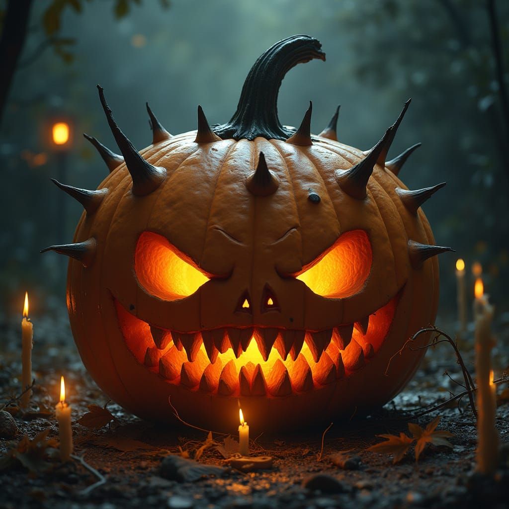 Ominous Pumpkin with Razor Teeth in Surreal Style
