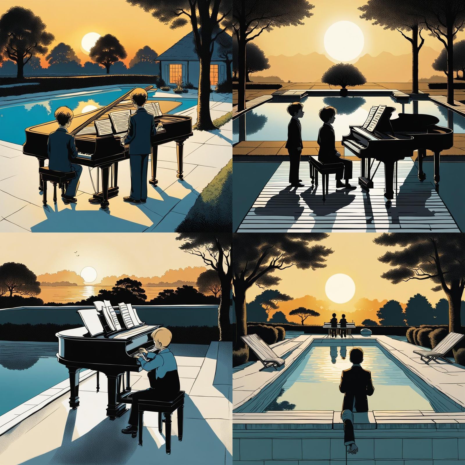 Idyllic Morning Piano Scene in Whimsical Comic Style