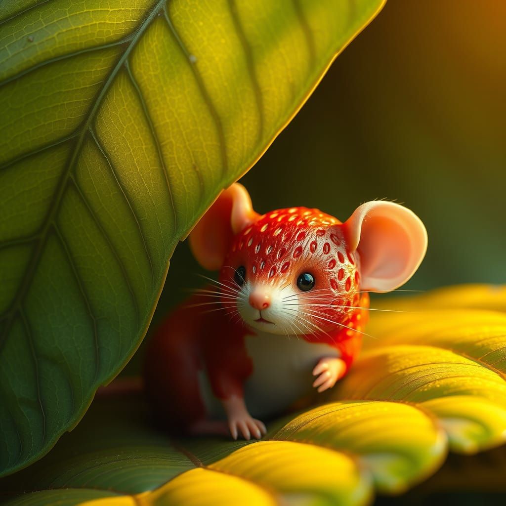 A strawberry fused mouse with red spotted fur sheltering under a a large leaf