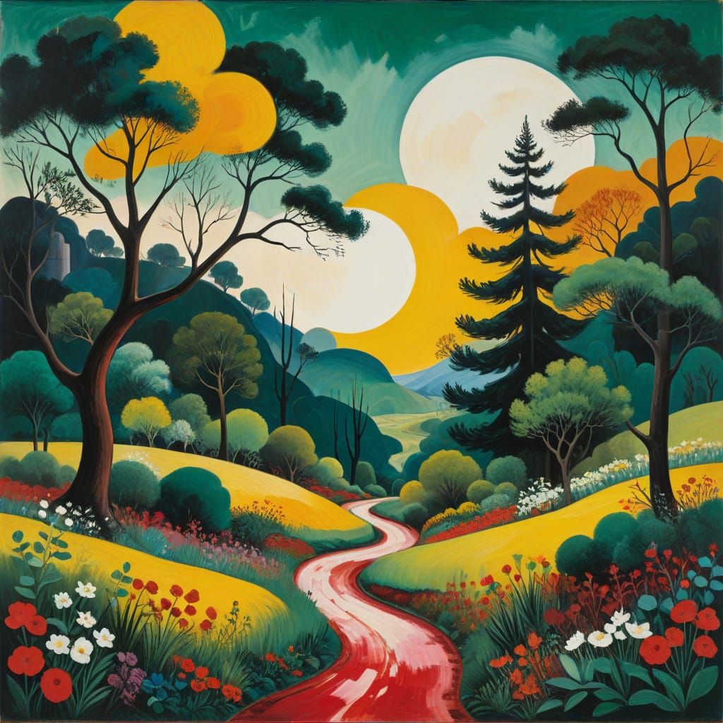 Mystical Oasis With Stylized Trees And Liquid Rocks