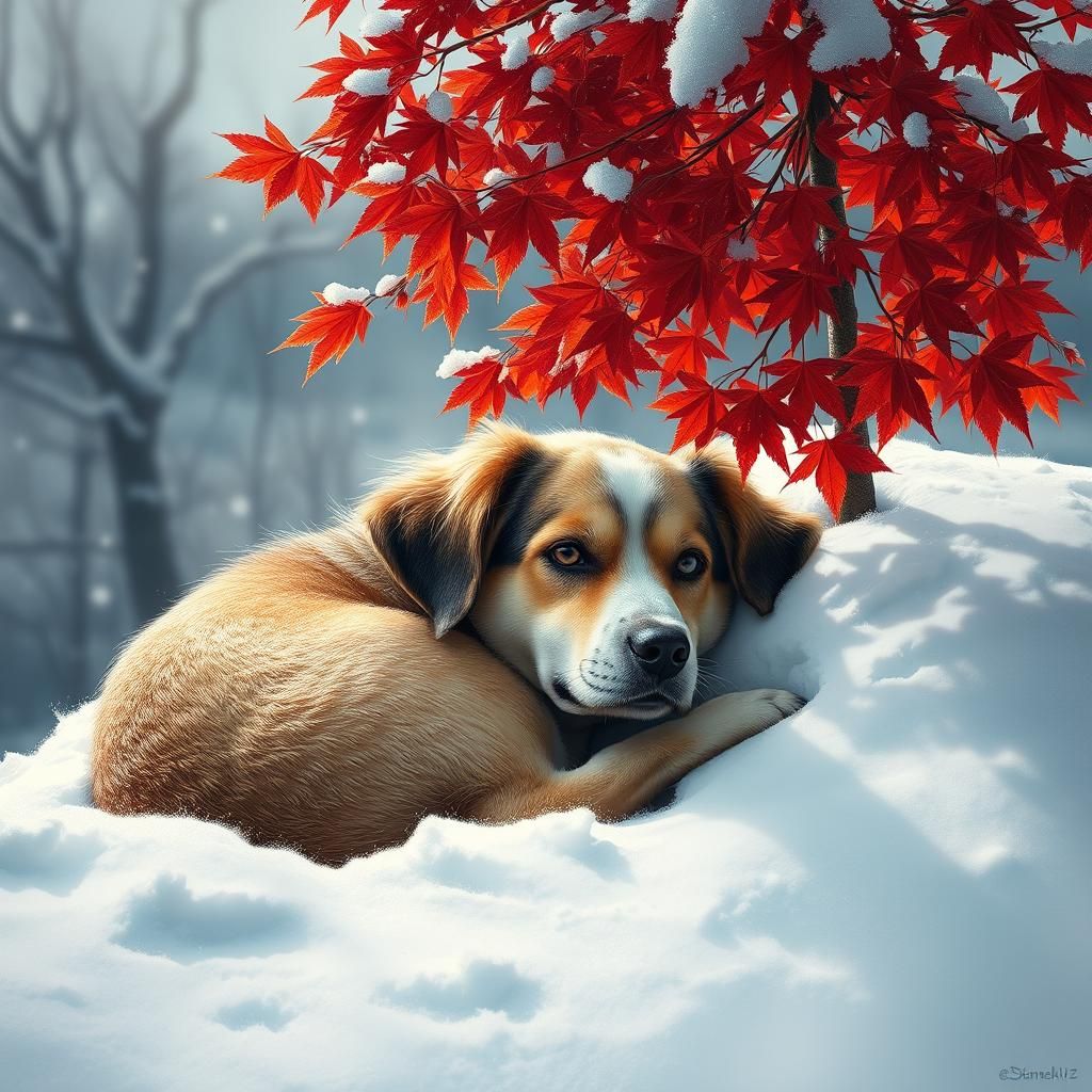 A Dog Shivering in the Snow Beneath a Vibrant Red Maple
