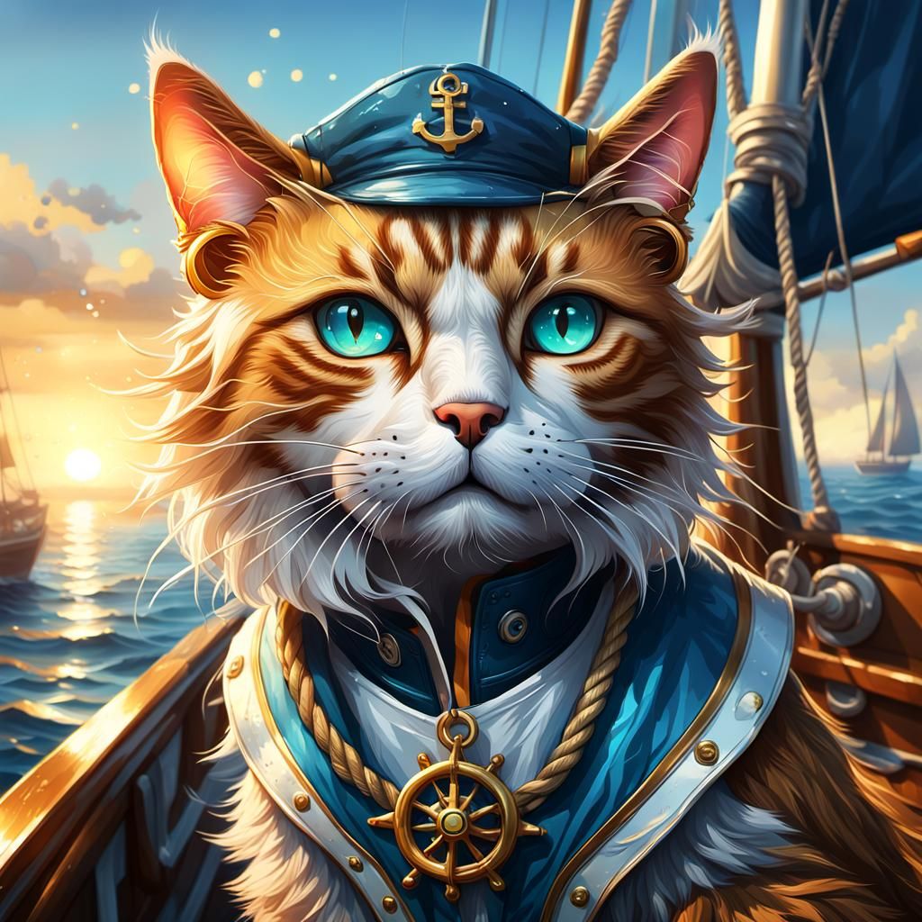 Majestic Nautical Cat Captain at Sunset