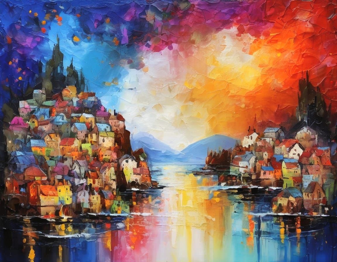 Impressionist Seaside Village at Night