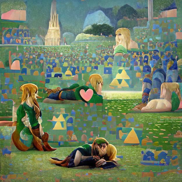 Zelda and Link Share Intimate Moment in Pointillist Landscap...