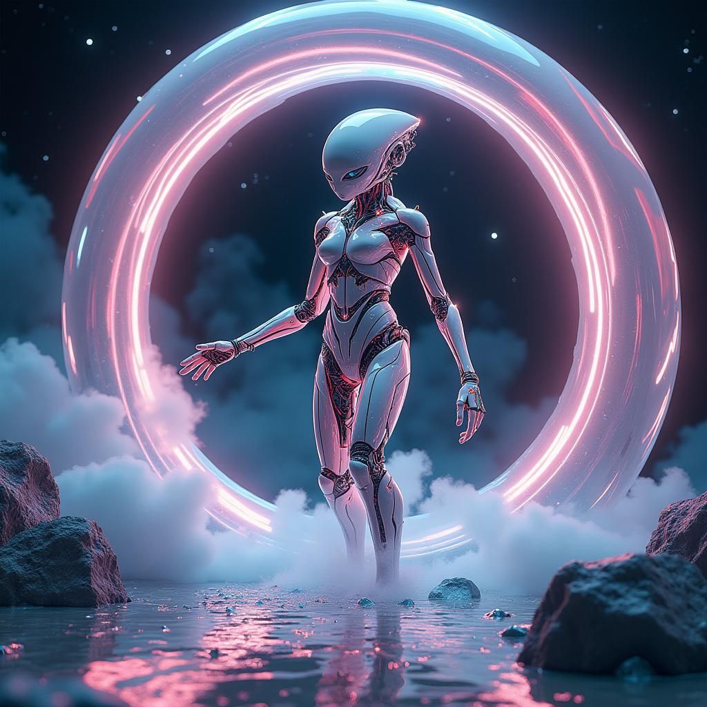 Cybernetic Alien Emerges from Ethereal Portal