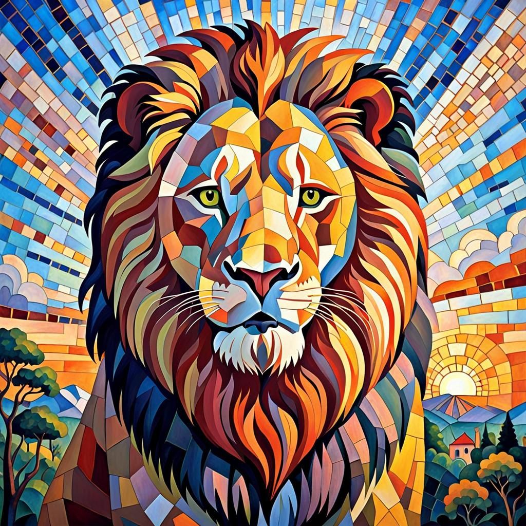 A Whimsical Mosaic of a Majestic Lion Basking in Cézanne's S...