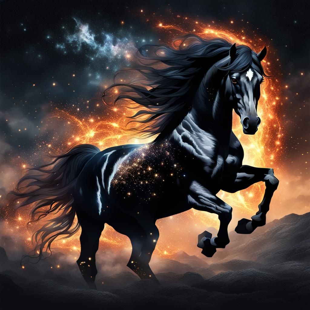 Mystical Black Stallion Ignites Celestial Inferno