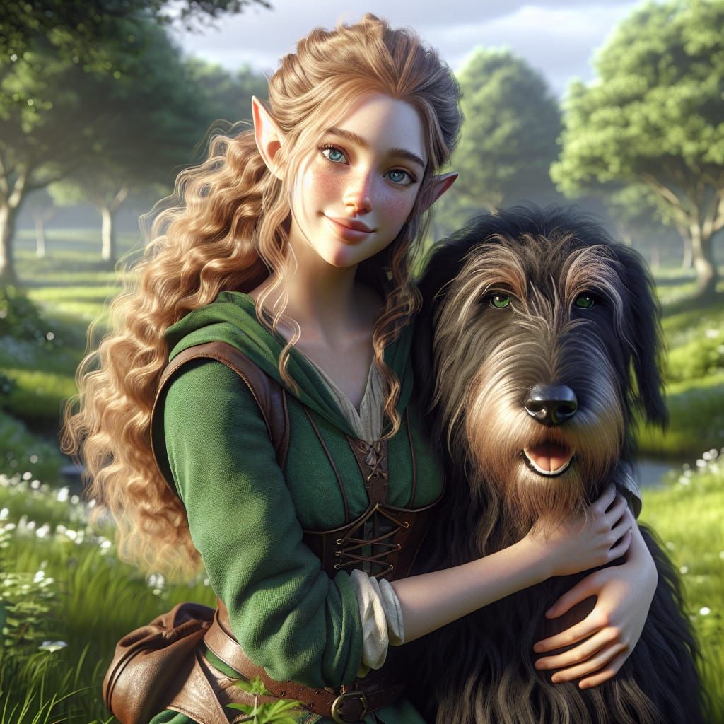 Elf Maiden Embraces a Loyal Irish Wolfhound in a Sunny Meado...