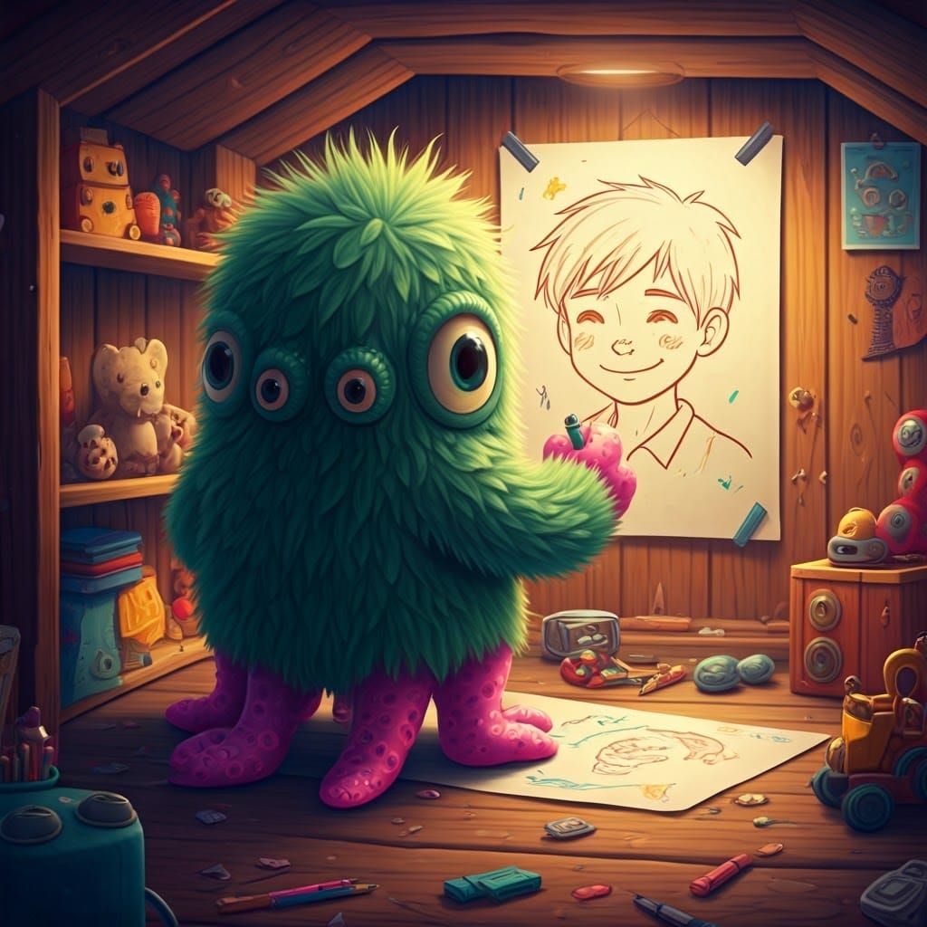 Whimsical Monster Artist at Work in Colorful Bedroom