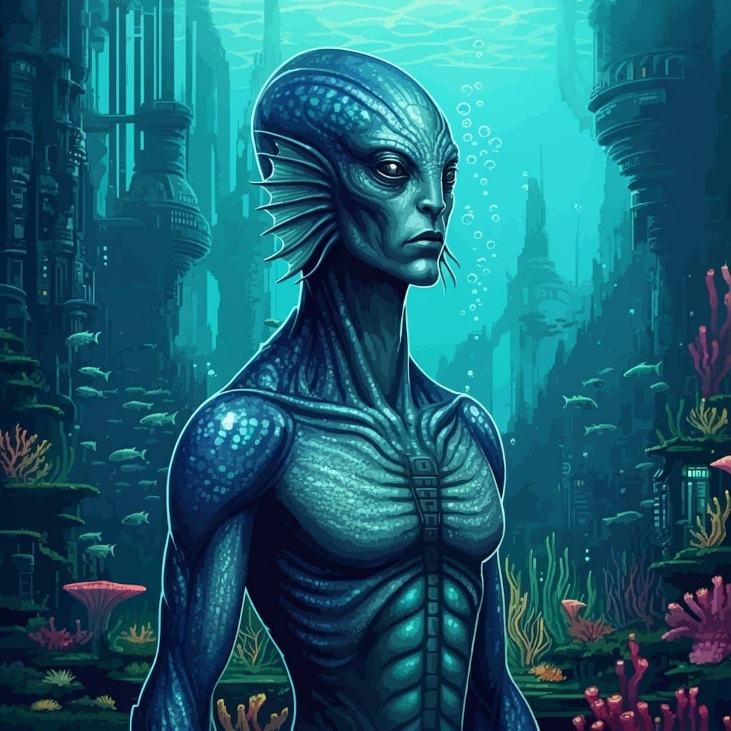 Surreal Retro-Futuristic Aquatic King in Pixel Art