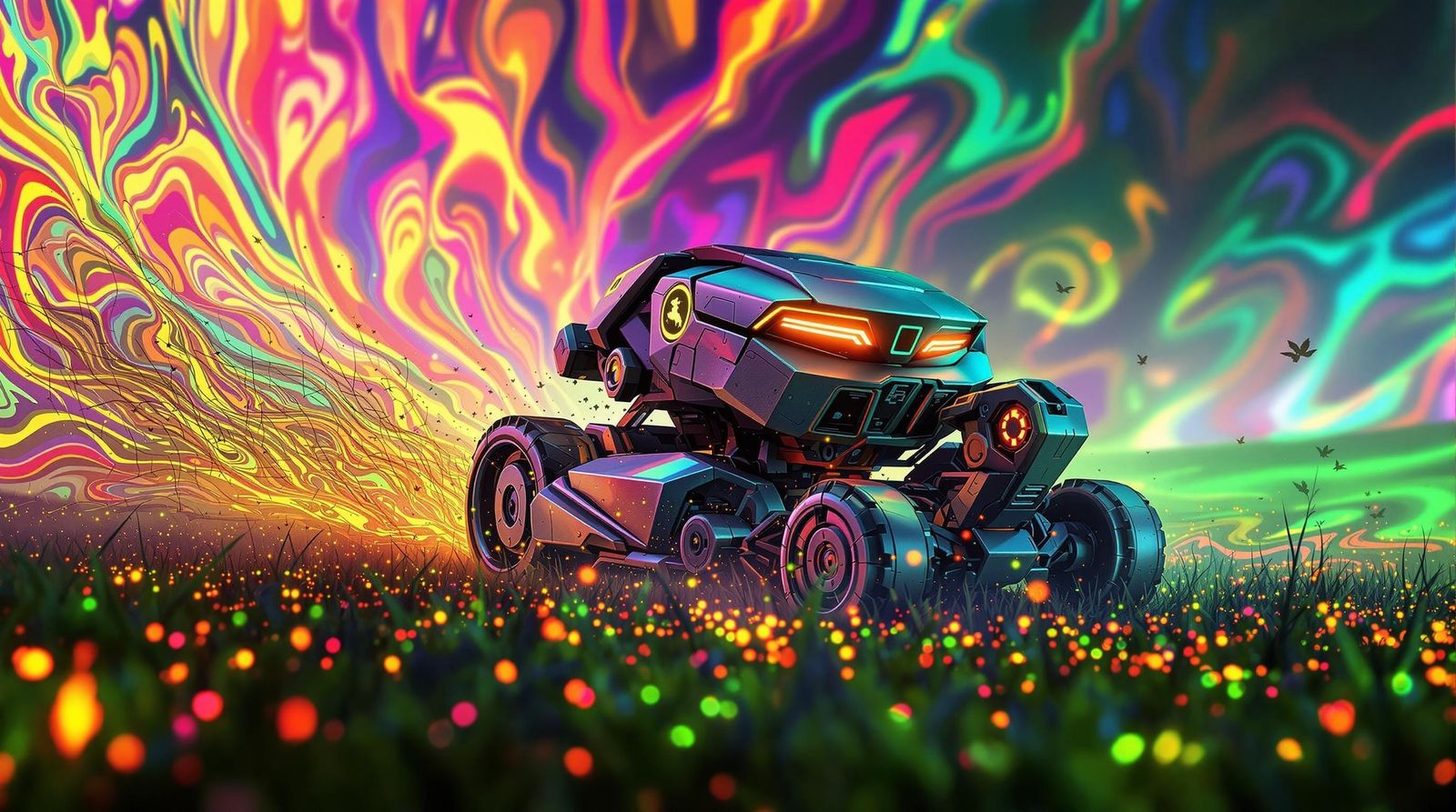 Futuristic Robot Lawnmower in Neon-Lit Landscape