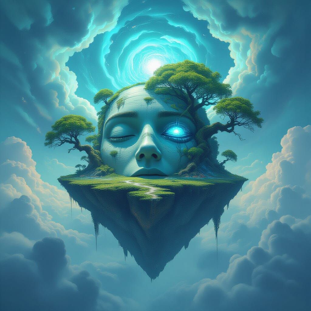 Dreamy Island Face with Cyberpunk Portals