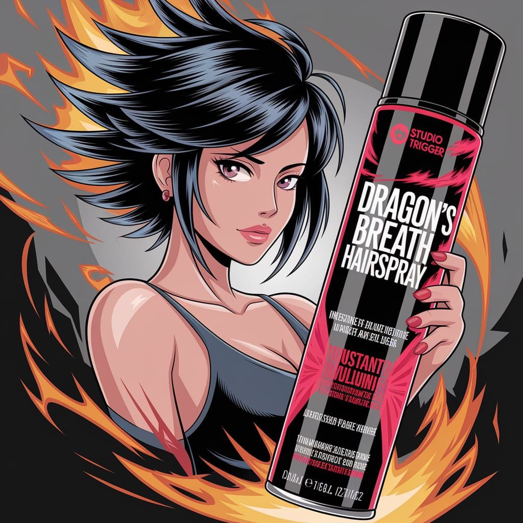 Anime Beauty with Fiery Hair and Volume Can