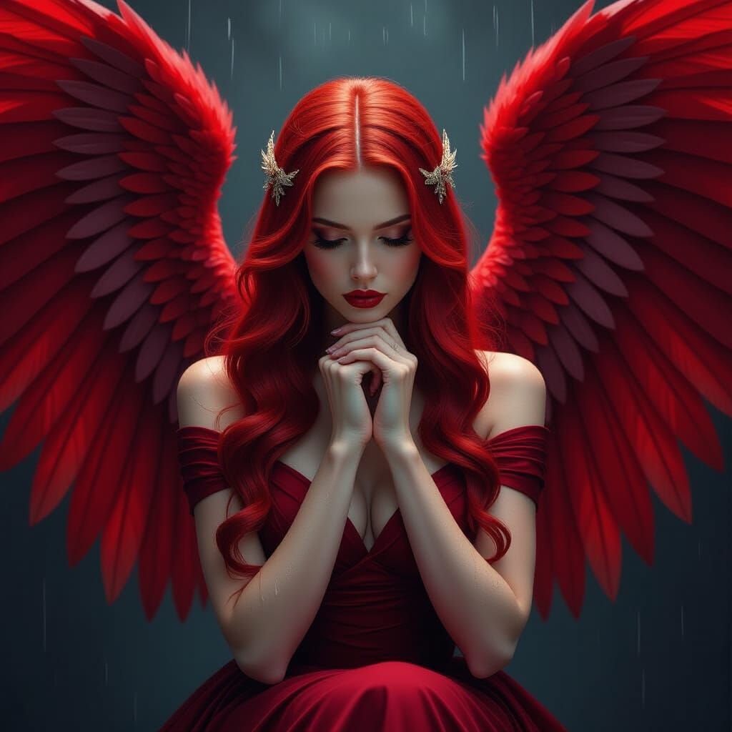 Ethereal Woman with Fiery Red Wings in Dark Fantasy Art