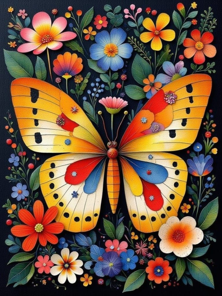 Vibrant Floral Masterpiece with Golden Butterfly