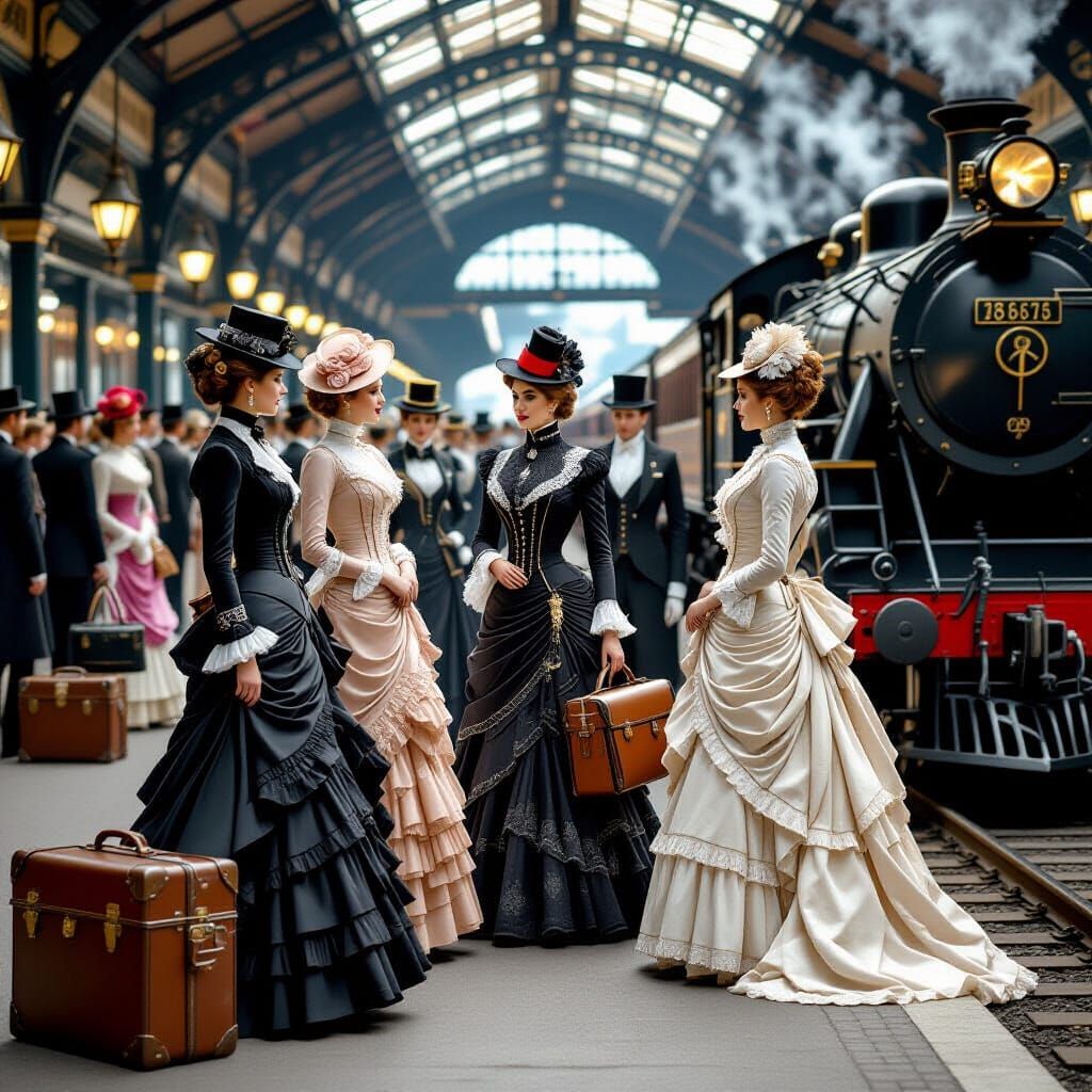 Elegant Women in 1880s Train Station Scene