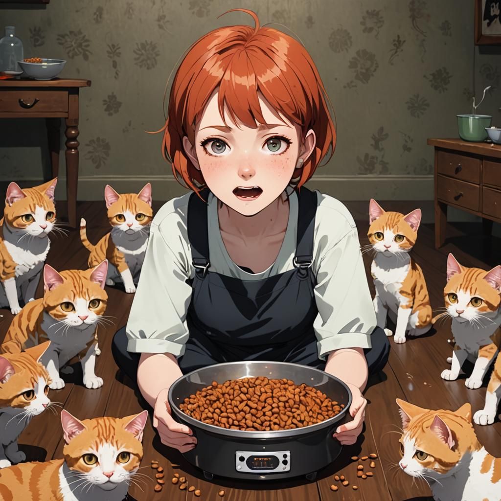 Hypnotic Redhead Girl Devours Cat Food in Dark Anime Scene