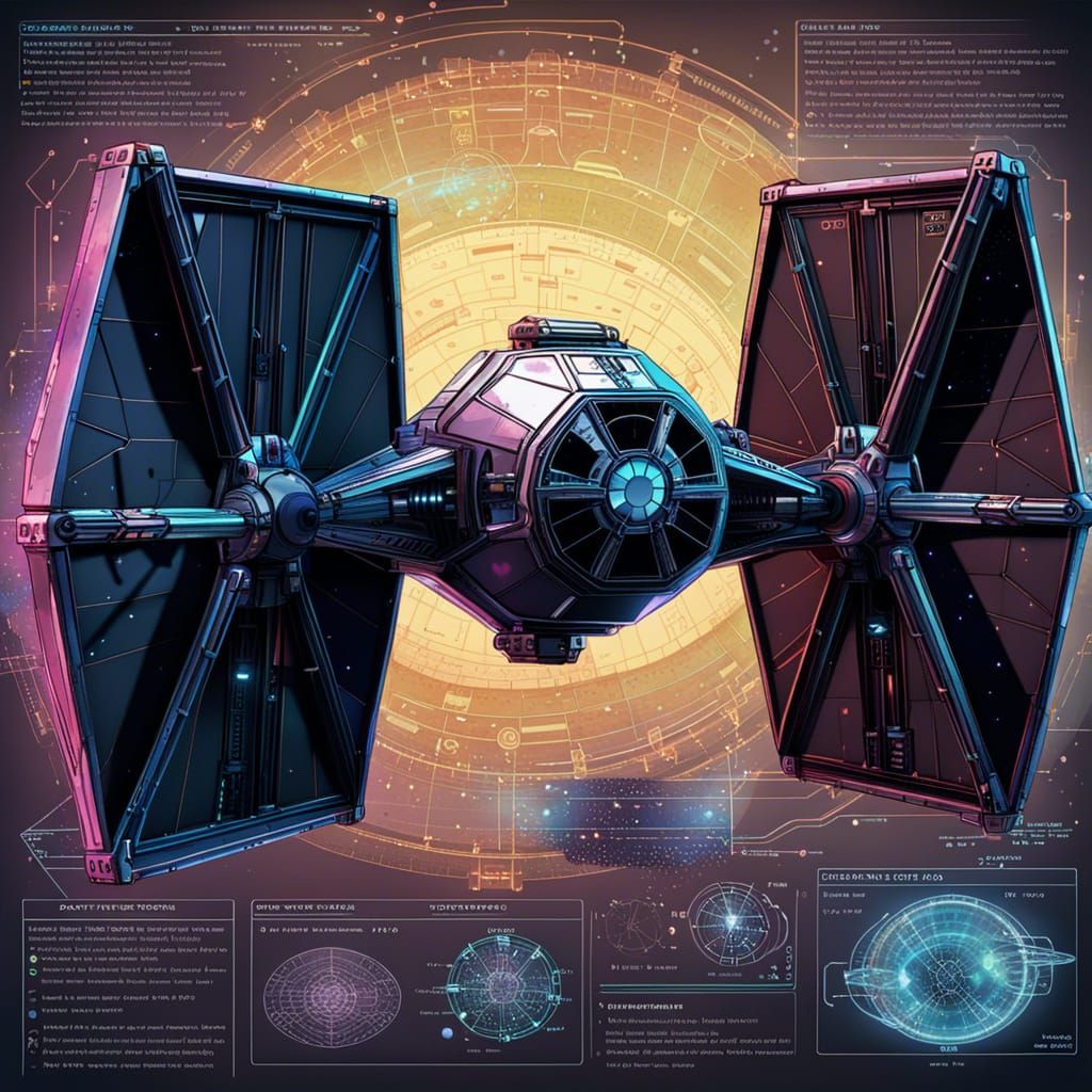 Cyberpunk Tie Fighter in Scientific Illustration Style