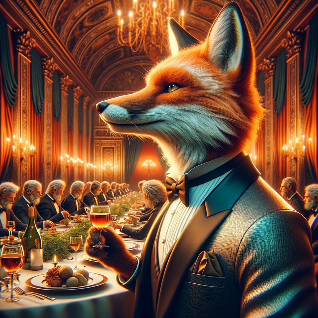 Stylish Fox in Tuxedo at Lavish Dinner Party