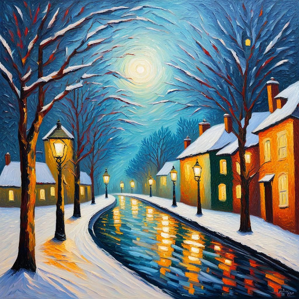 Neo-Impressionist Christmas Eve Scene