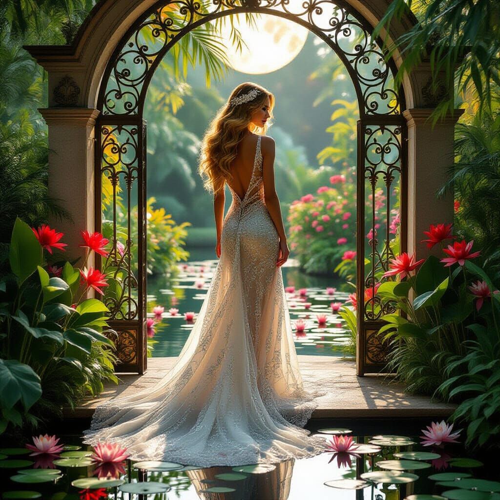 Ethereal Supermodel in Moonlit Garden, Art Nouveau Style
