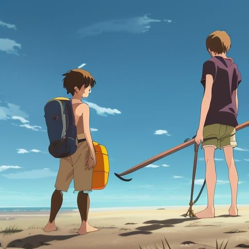 Boy with Harpoon on Beach, Ghibli Anime Style