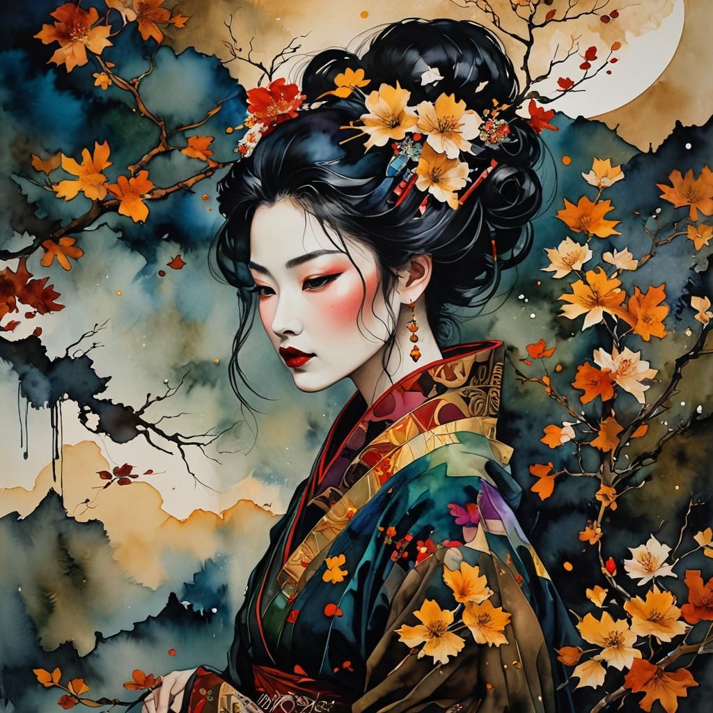 Surreal Geisha in Moonlit Japanese Garden with Egon Schiele...