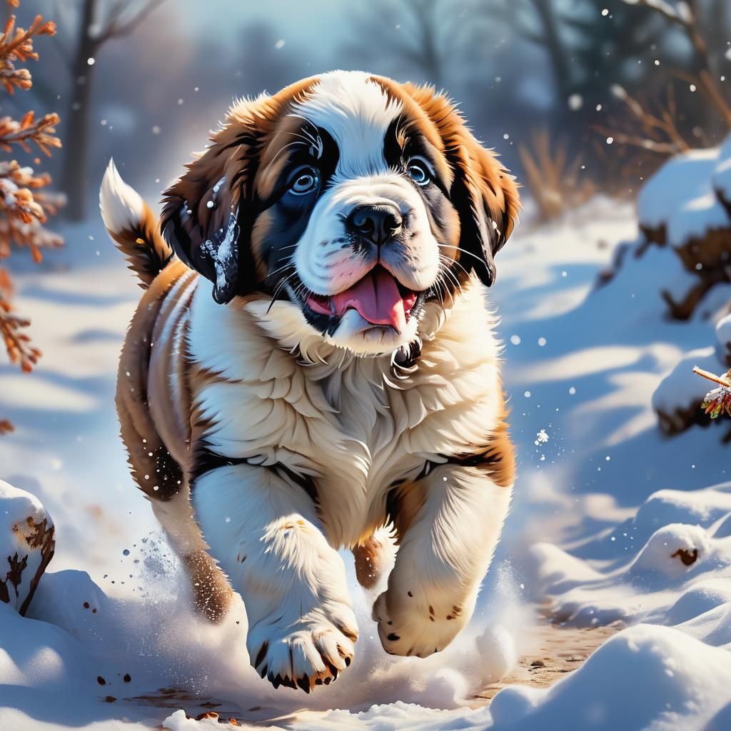 Hyperrealistic St Bernad Puppy Plays in Vibrant Snowscape