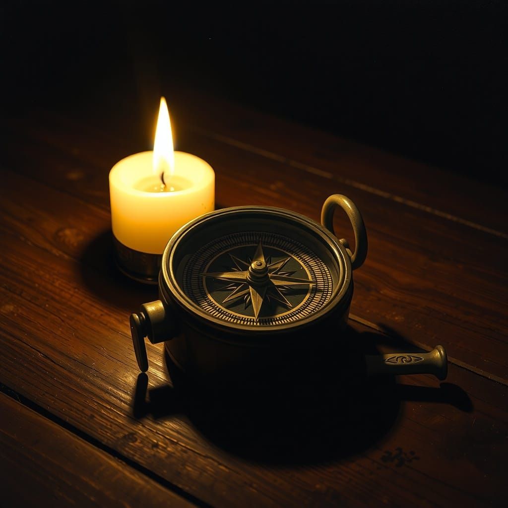Antique Compass and Candle with Chiaroscuro Lighting
