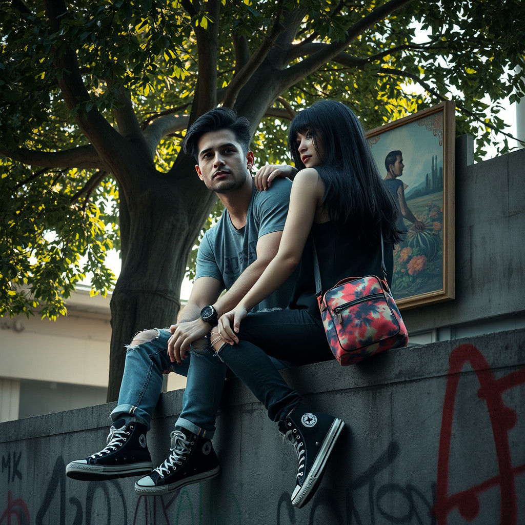 Couple Seated on City Wall in Moody, Urban Landscape