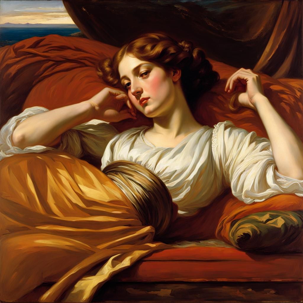 Young Woman in Trance, Seated on a Sofa, in Oil Painting Sty...