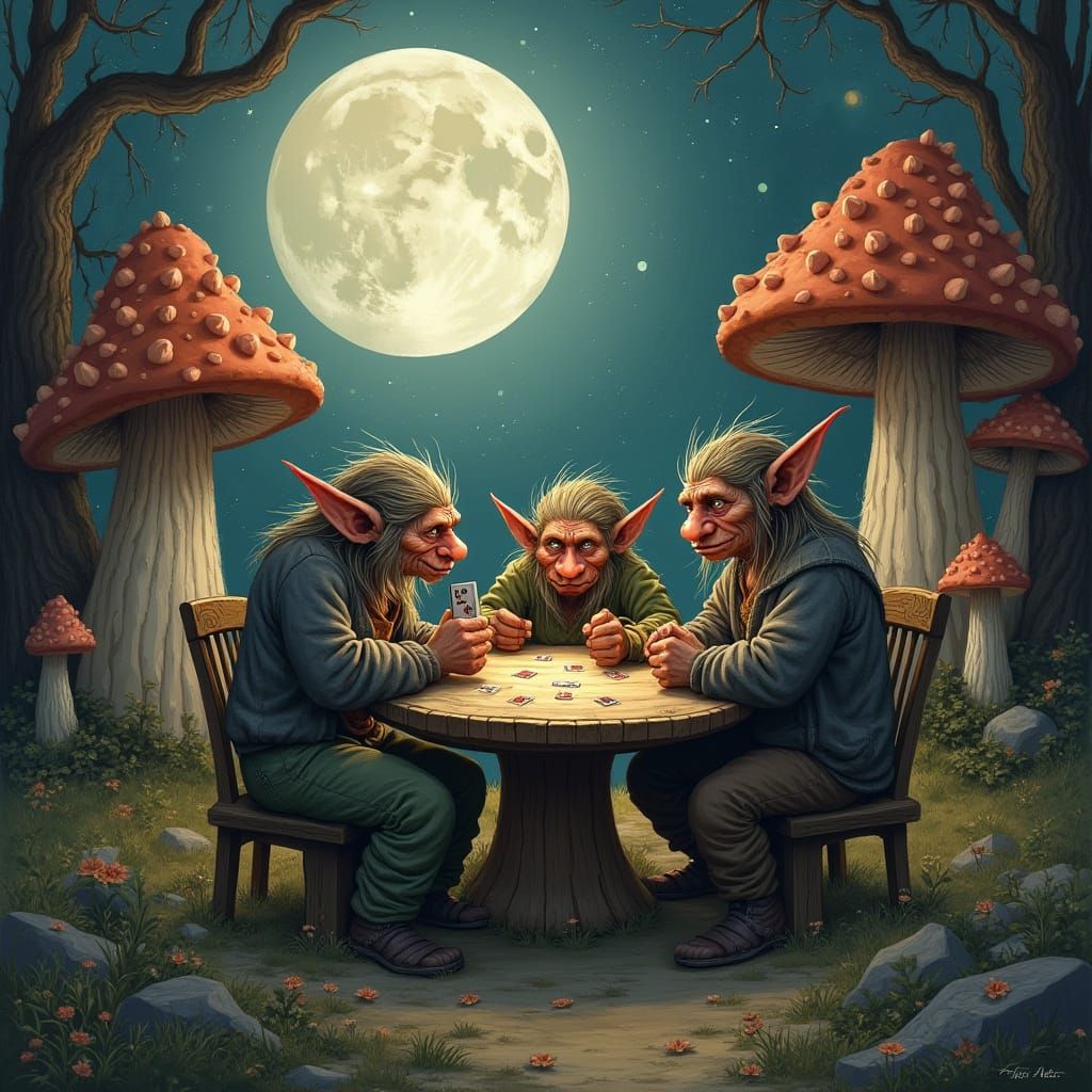 Trolls Playing Poker in a Mushroom Village
