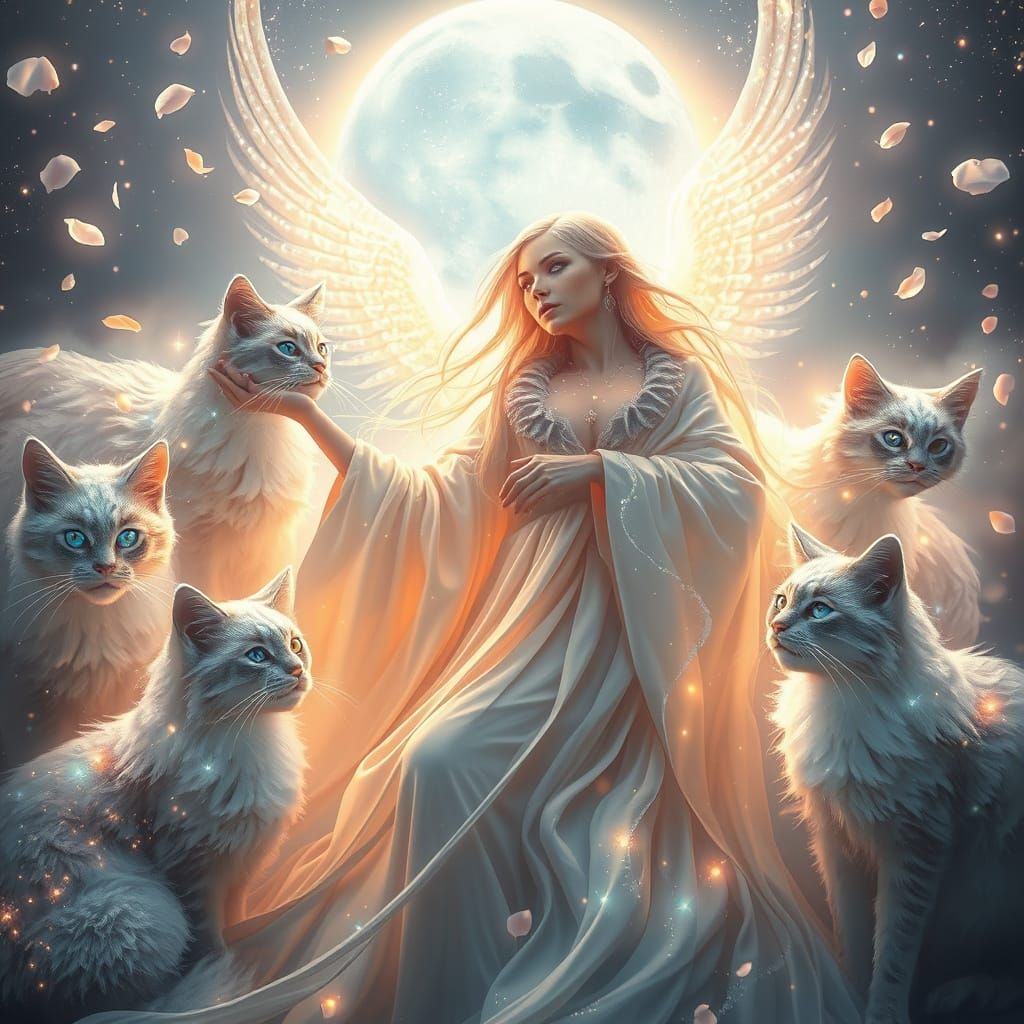 Ethereal Goddess With Celestial Cats Under Moonlight