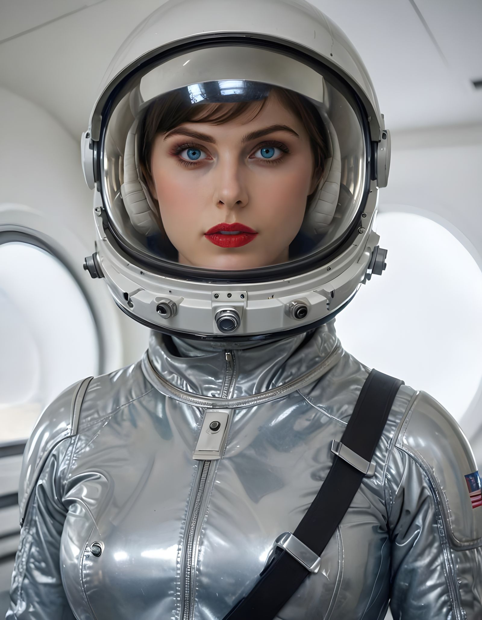 Alexandra Daddario, all suited up in the airlock wearing her Mercury-era spacesuit