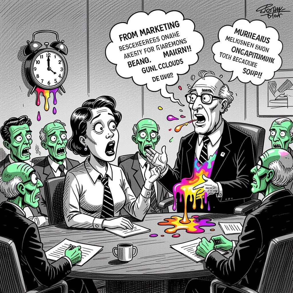 Monochrome Ink Drawing of Corporate Zombie Meeting