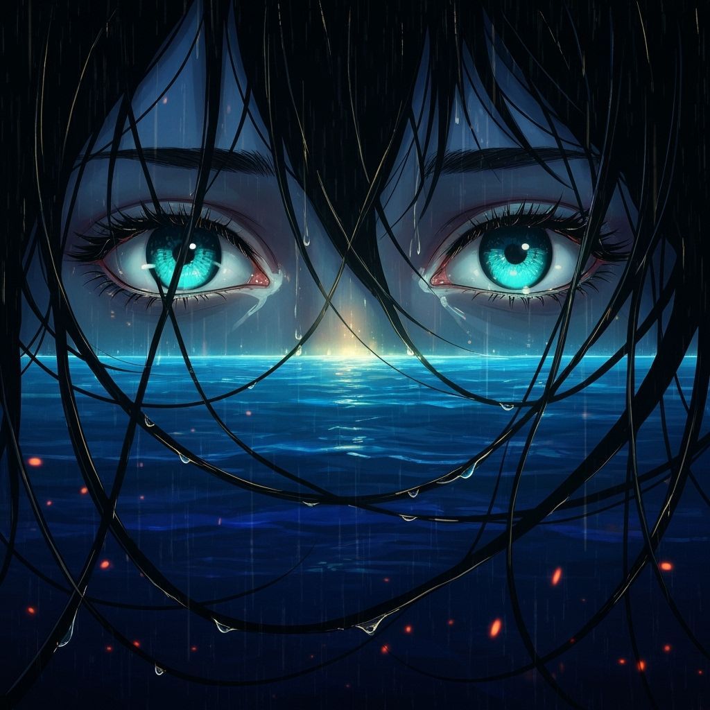 Glowing Teal Eyes Above Midnight Ocean, Anime Style