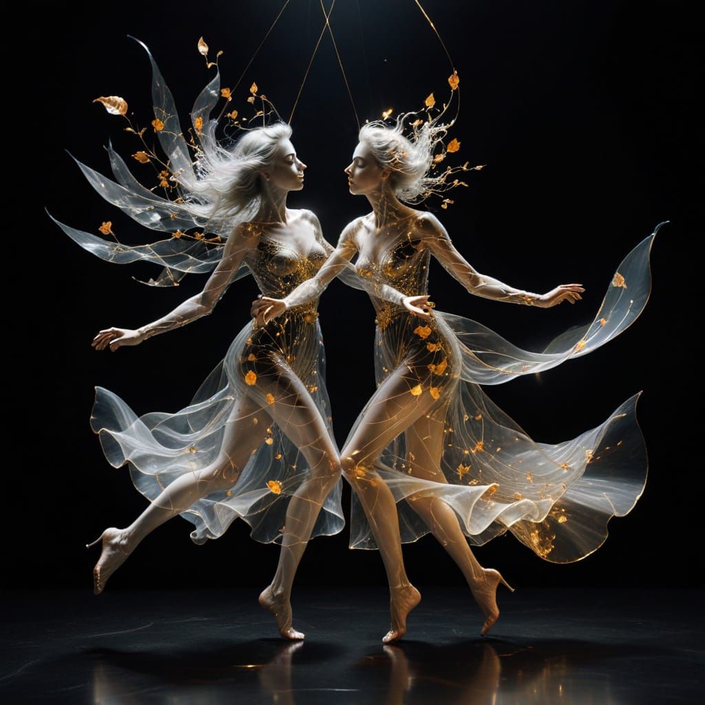 Surreal Kiss with Golden Lines and Glass Leaves