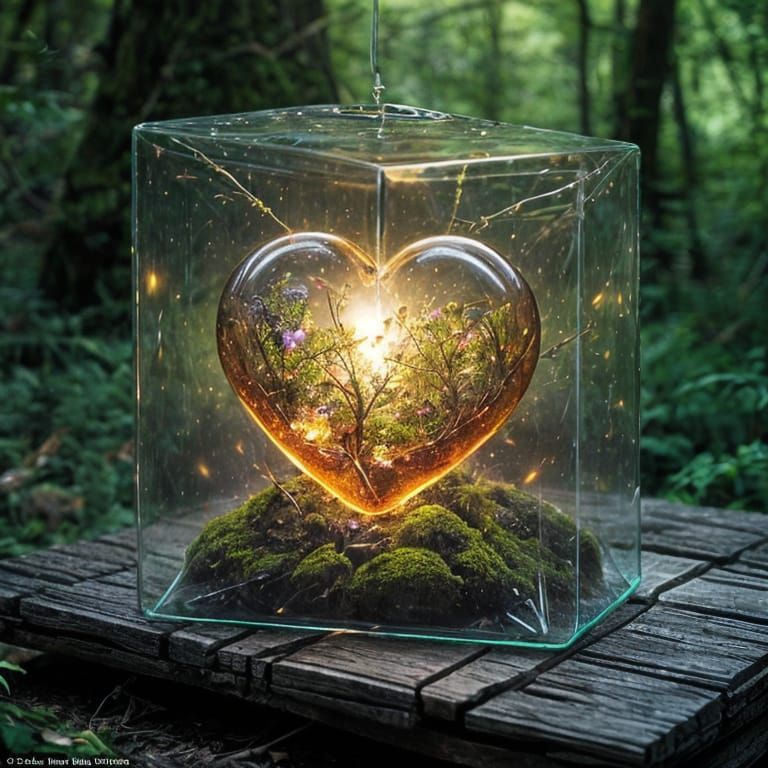 Glowing Glass Cube in Enchanted Forest with Burning Red Hear...