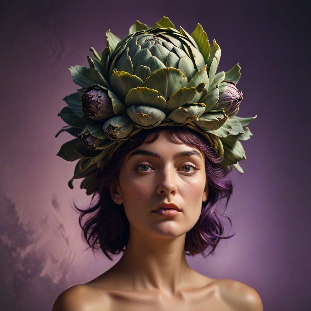 Woman with Artichoke Hat in Surrealist Style