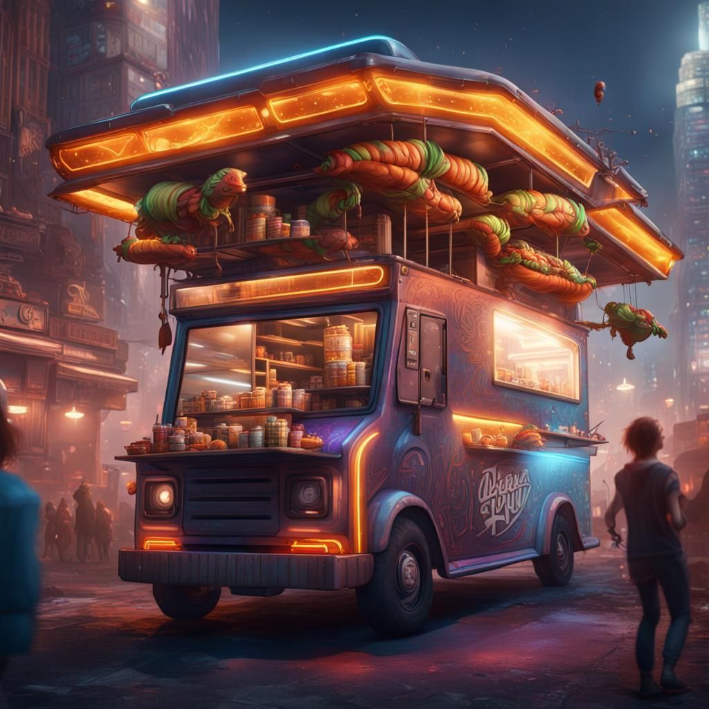 Flying Food Truck in Futuristic Metropolis