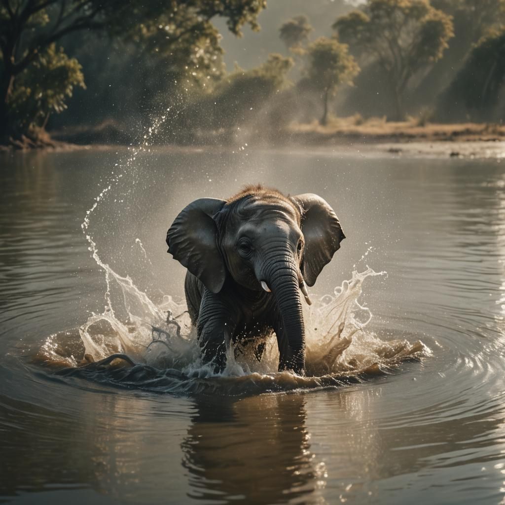 Warm Golden Light on a Baby Elephant at Play