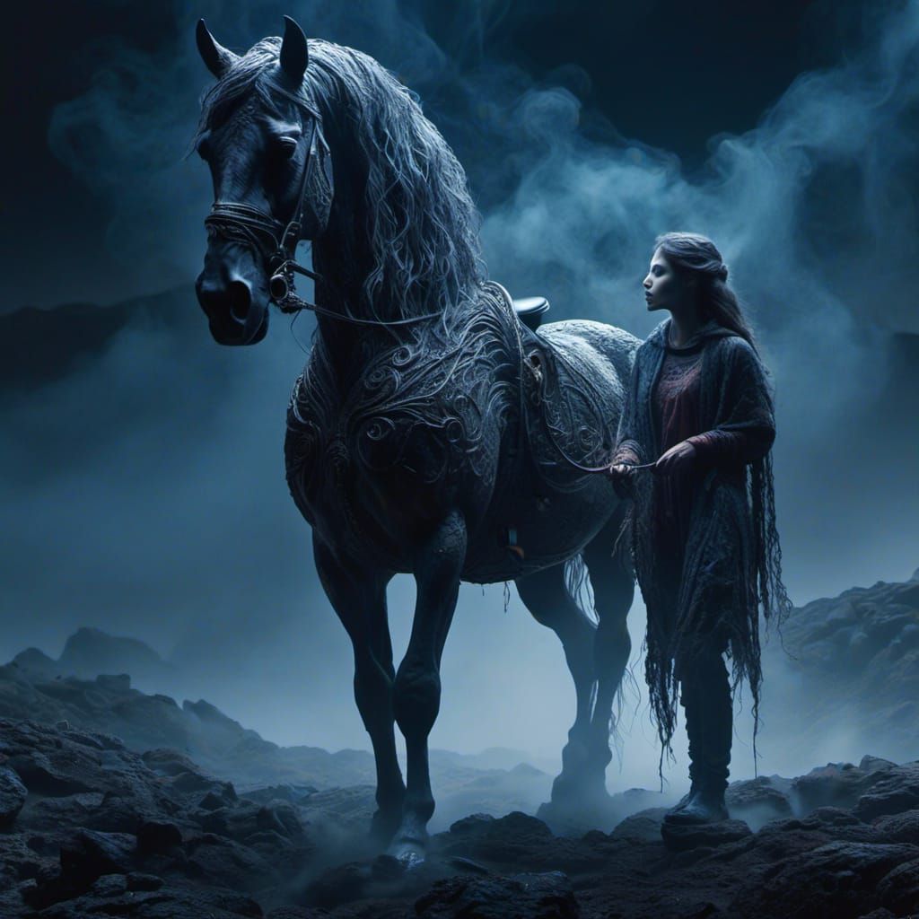 Ethereal Woman and Horse in Dark Valley at Night
