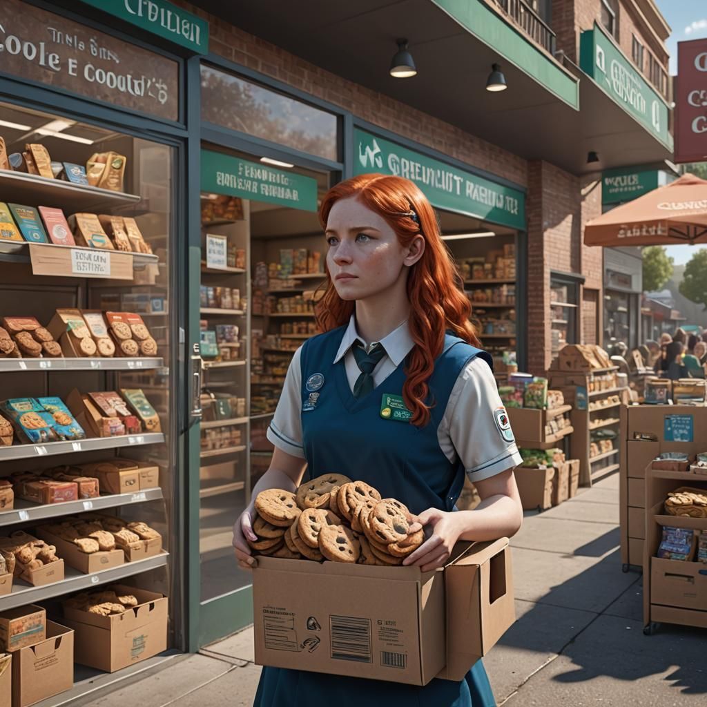 Girl Scout Selling Cookies in a Vibrant Fantasy World