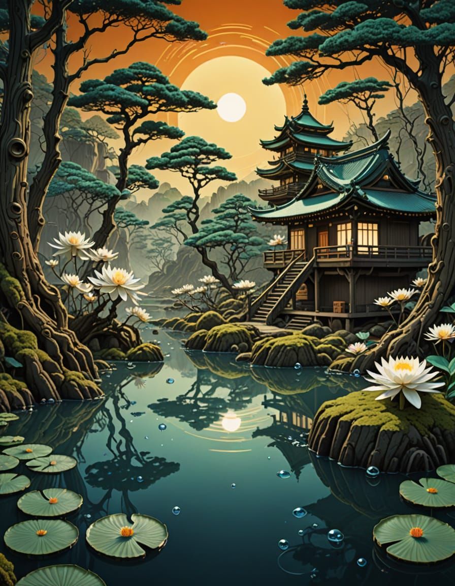 Ancient Japanese Ink Scroll: River, Egret, and Sunset