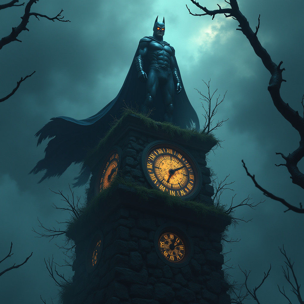 Dark Gothic Supervillain Dominates Crumbling Clock Tower
