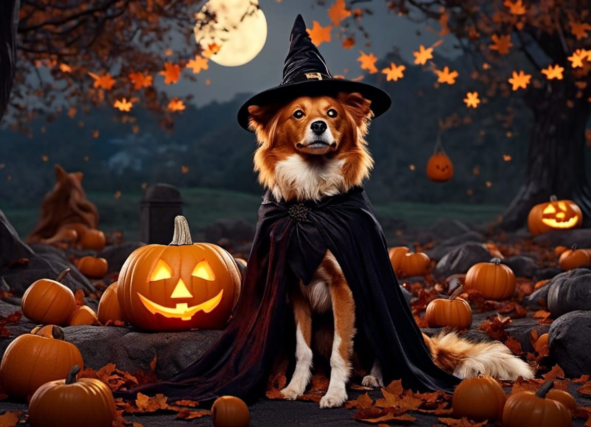 Queen Maeve's Witchy Dog in a Fantastical Halloween Scene