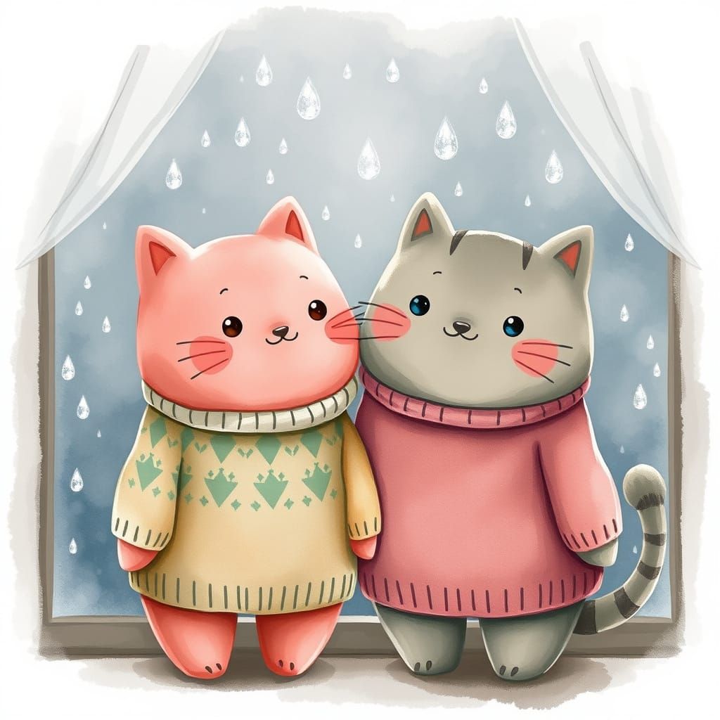 Kirby and Pusheen at a Misty Window