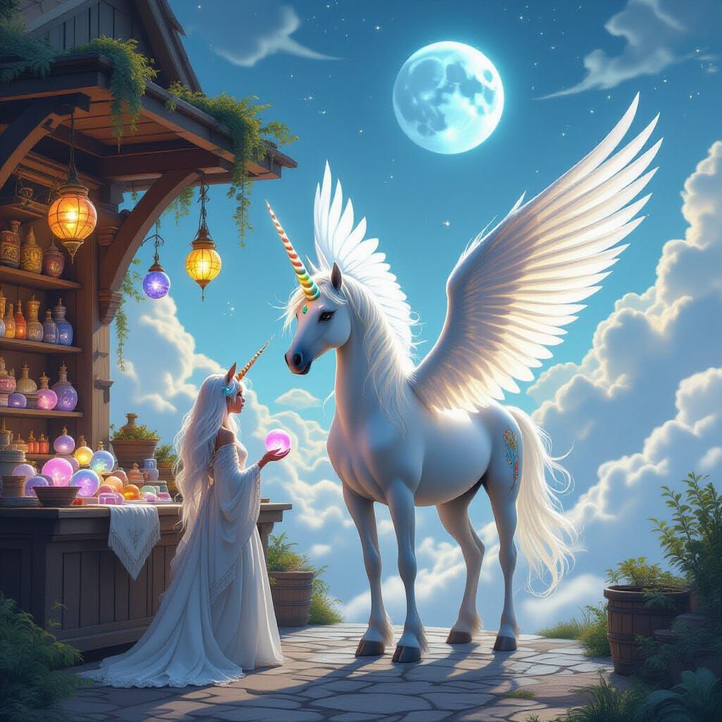 Floating Sky Market with Winged Unicorns in Ethereal Style