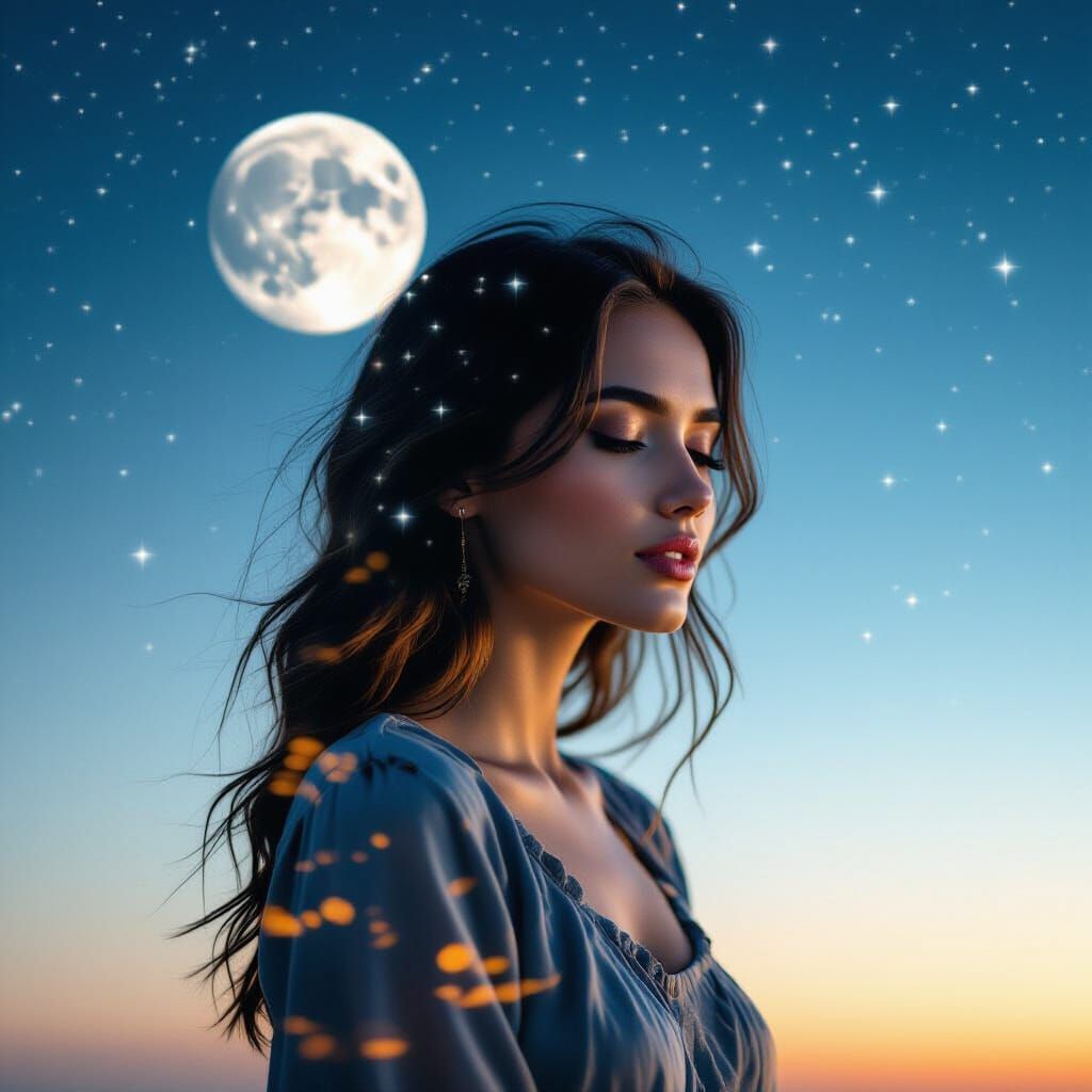 Dreamlike Double Exposure: Woman Under the Stars