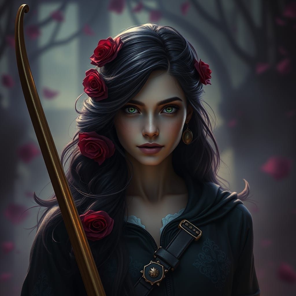 "eune archère avec un arc et des flèches belle et courageuse mysterieuse avec des rose rouges foncées dans ses cheveux n...